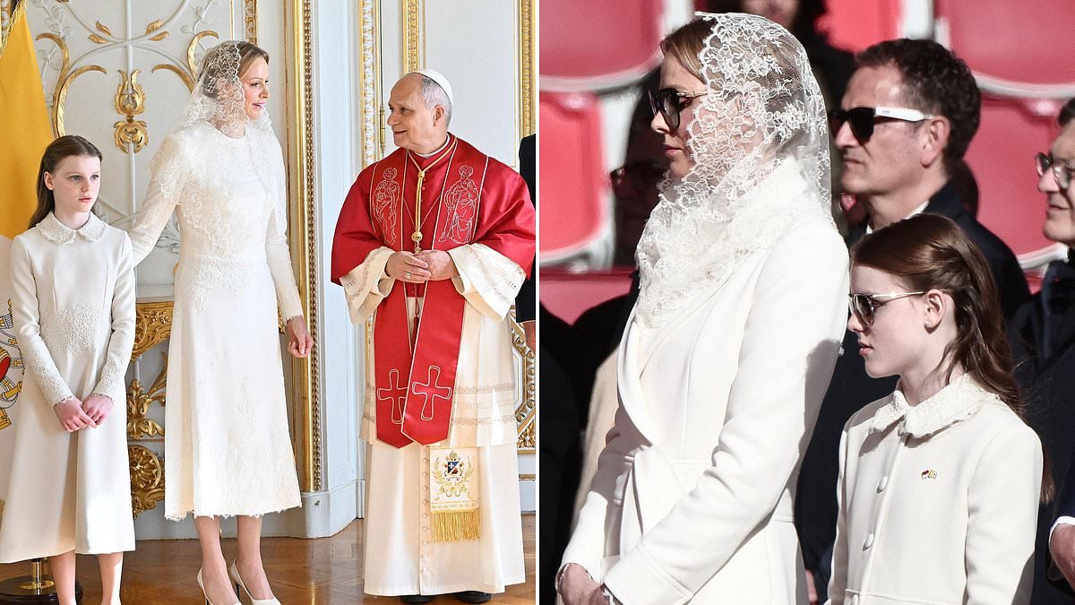 Princess Charlene exercises her 'privilège du blanc' as she wears white to meet the pope with her lookalike daughter Gabriella