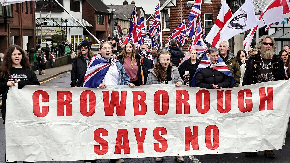 Hundreds of people protest against the Crowborough migrants camp chanting 'Deportation, no accommodation'