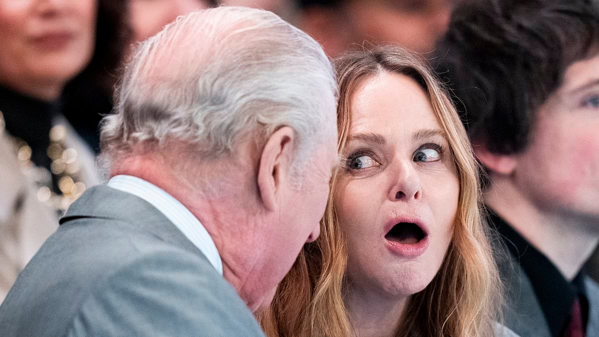 Keeping calm and carrying on! King Charles shares a laugh with Stella McCartney as he sits on front row of catwalk at London Fashion Week on day Andrew is arrested