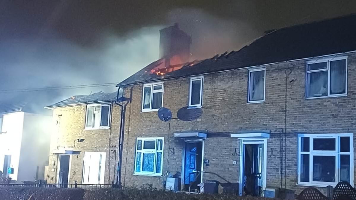 Boy and two adults rushed to hospital after house blaze as roof collapses and 70 firefighter rush to scene
