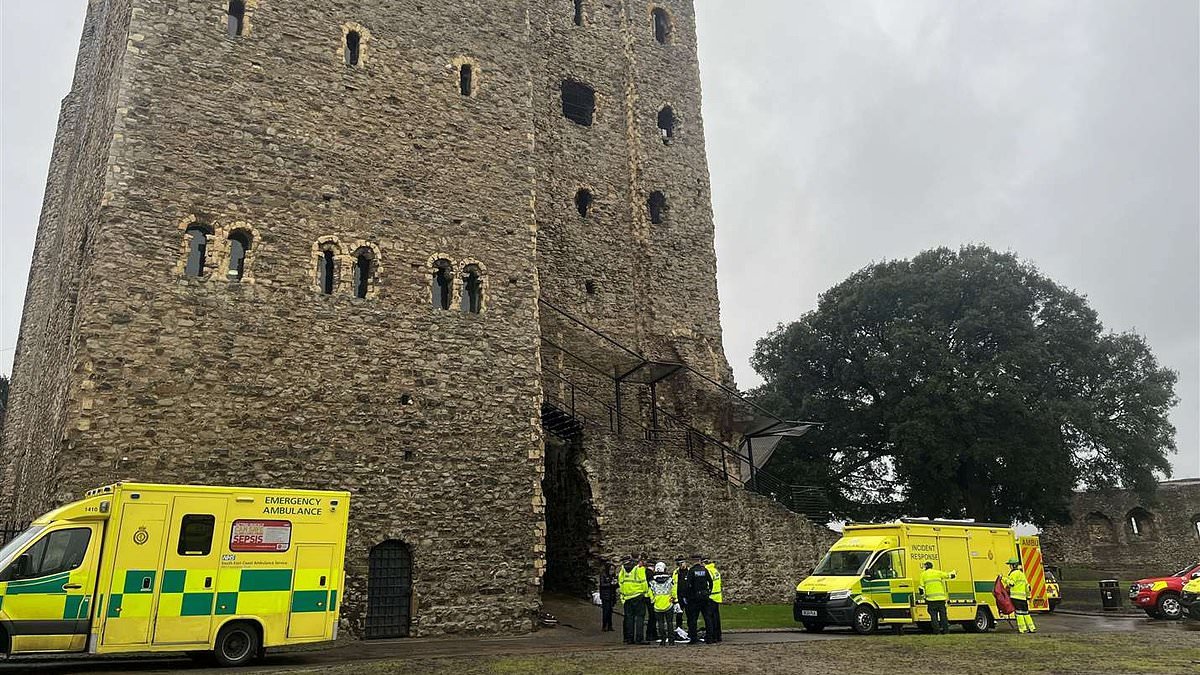 Man in his 50s falls from historic British castle before being rushed to hospital with arm, chest and ankle injuries