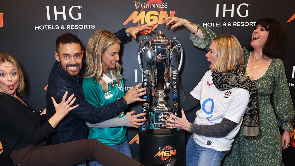 Emily Atack looks in high spirits as she hangs out with Vogue Williams, Spencer Matthews and Jodie Kidd at The Six Nations Championship