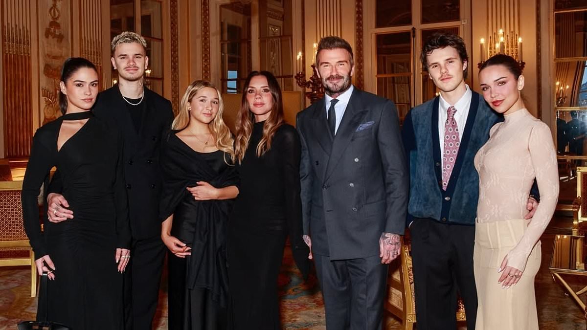 Victoria Beckham thanks her children 'for always believing in my vision' as Romeo, Cruz and Harper all proudly watch her receive French arts honour - while son Brooklyn is an unsurprising no-show after bombshell statement