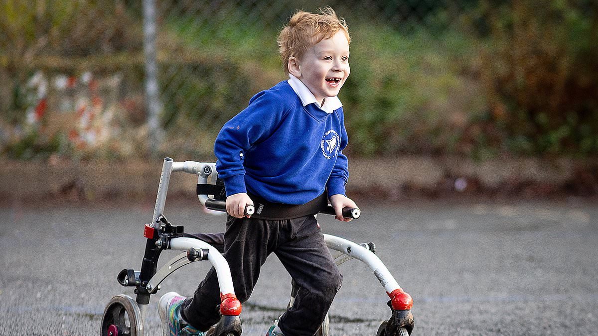 Four-year-old boy with cerebral palsy is dubbed 'mini Captain Tom' after running more than 100 MILES to raise £1,000 for his school