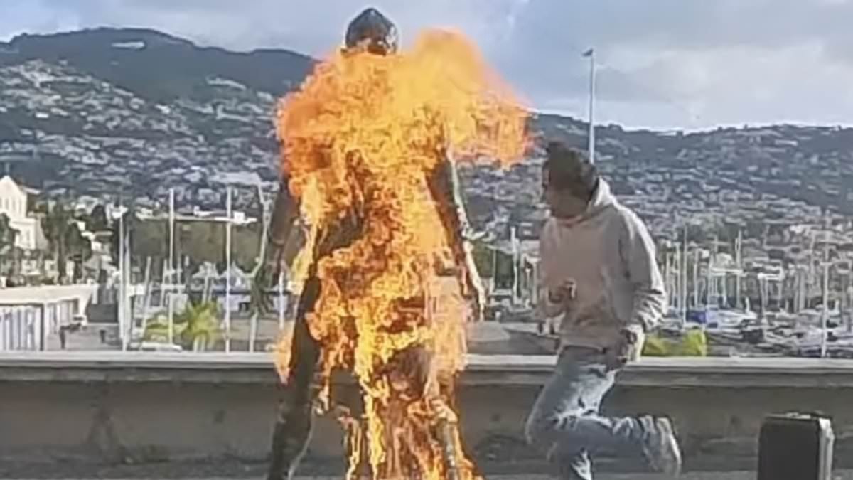 Cristiano Ronaldo statue is set ON FIRE in bizarre video online as police attempt to hunt down vandal